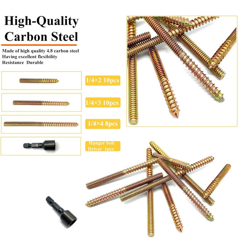 Matrelt 29 Pack 1/4-20" Hanger Bolts 3Sizes 2-4 Inch Include1 pcs Hanger Bolt Driver Double Headed Bolts Wood Dowel Screw Self-Tapping Screw for Furniture Screws Wood Screws Double Threaded Rods - Image 3